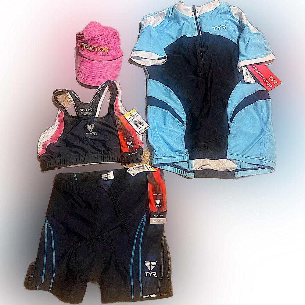 TYR Womens Triathlon cycling outfit top shorts bra hat sz XS black pink blue